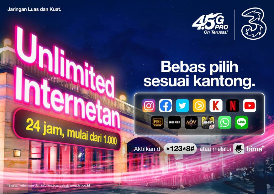 3 Hadirkan Paket Internetan Bebas Unlimited Hanya 1.000!